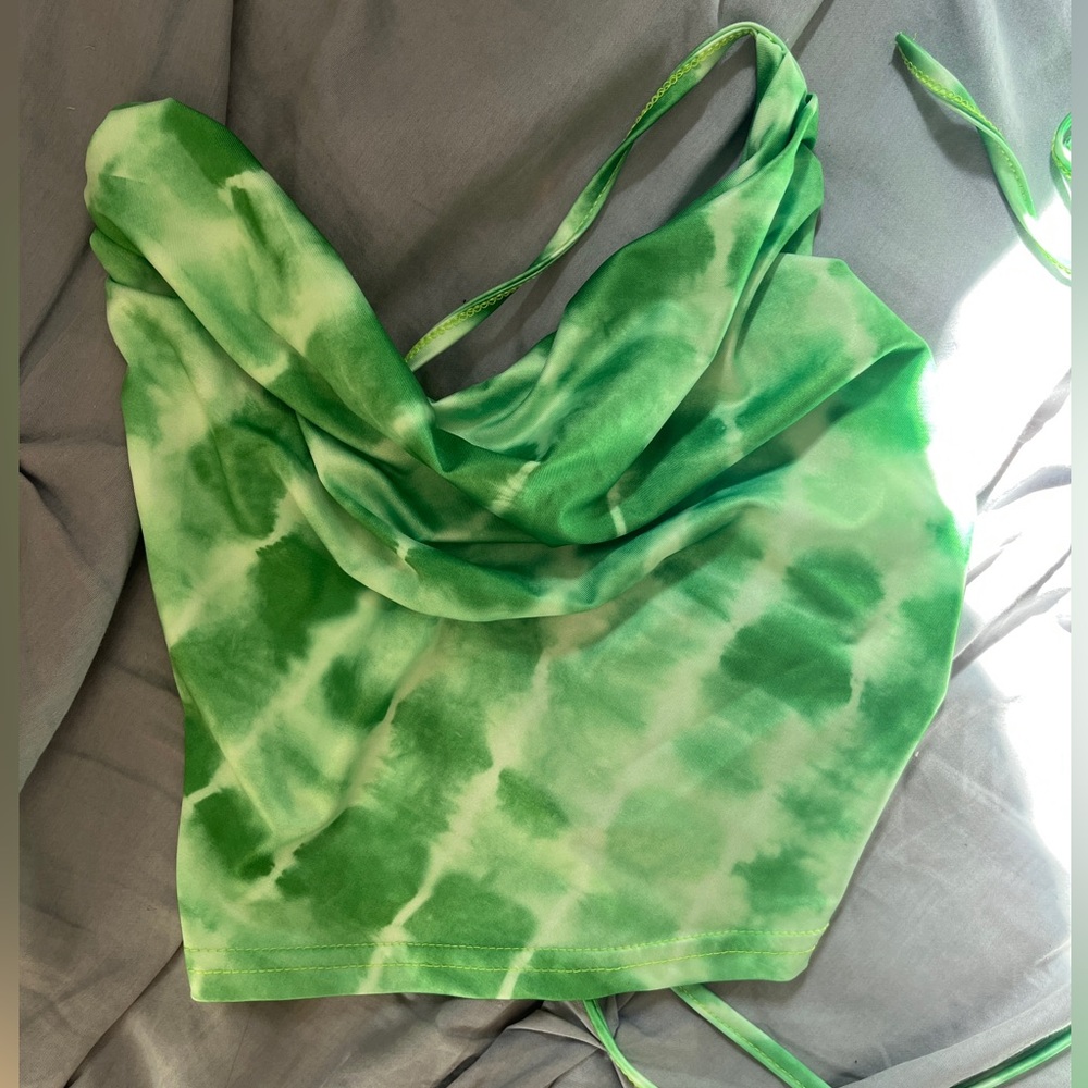 Green tie dye cowl neck with criss cross back top